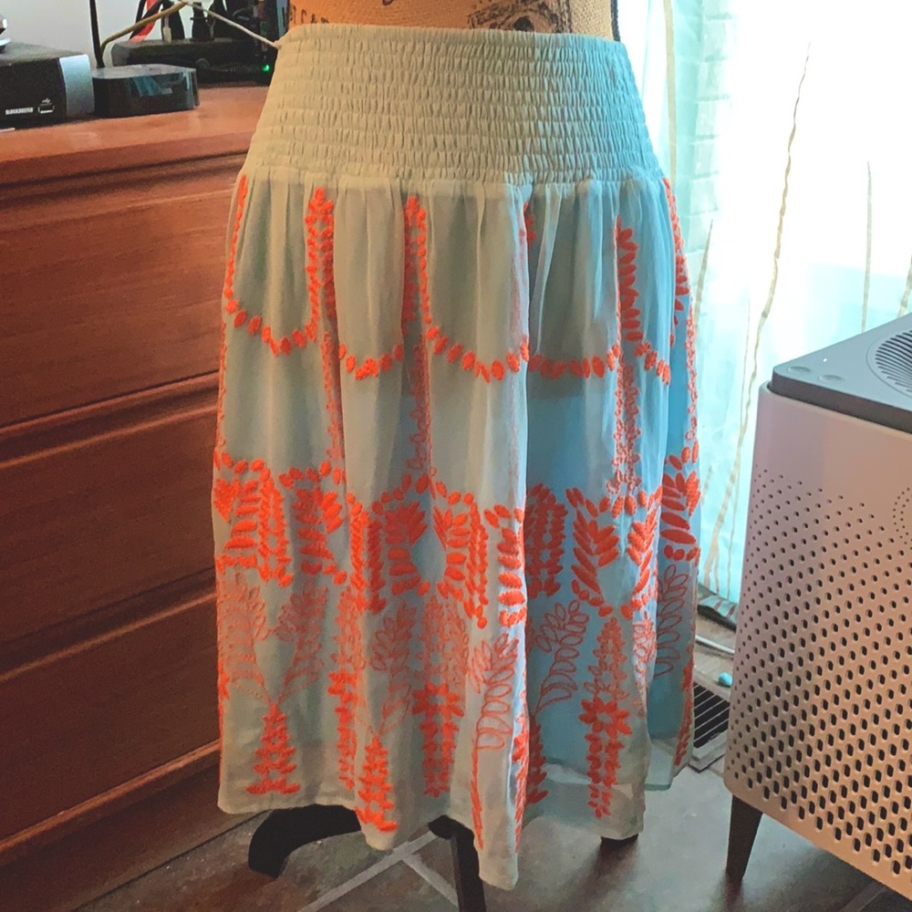 Sundance silk embroidered skirt aqua/tangerine